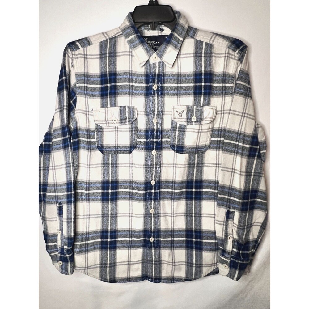 American Eagle Men's Flannel Blue White Casual Button Up Size Large